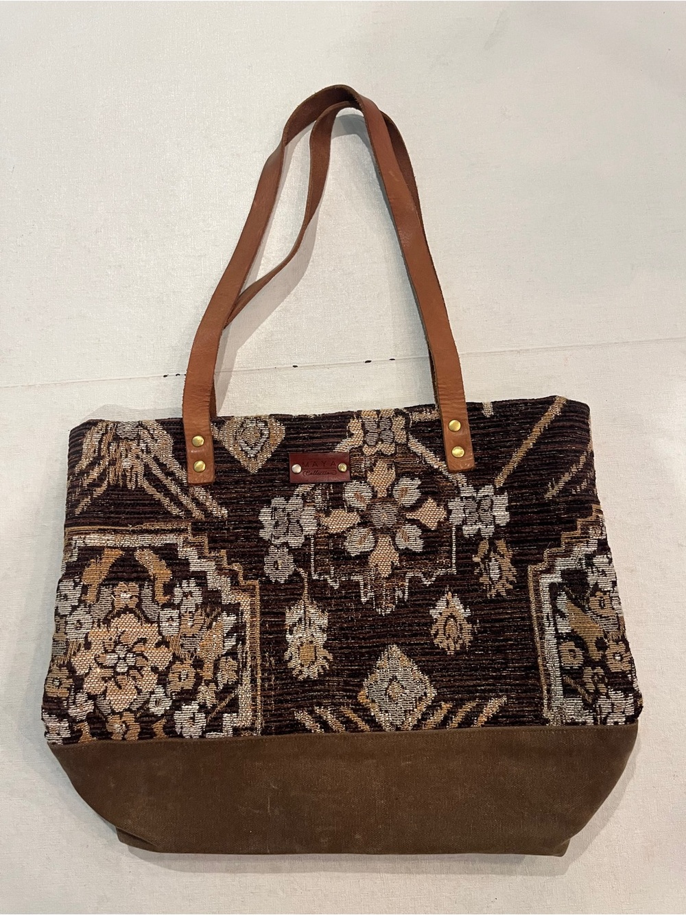 Vintage style handmade MAYA Brown Floral tapestry Tote Bag with Leather Straps.